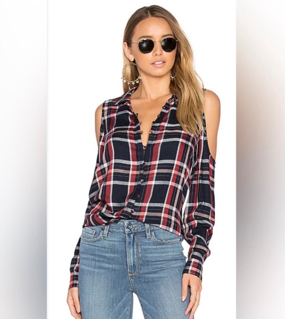 Paige Bellini Button Up Shirt Cold Shoulder Flannel Top Red White Blue Sz Small